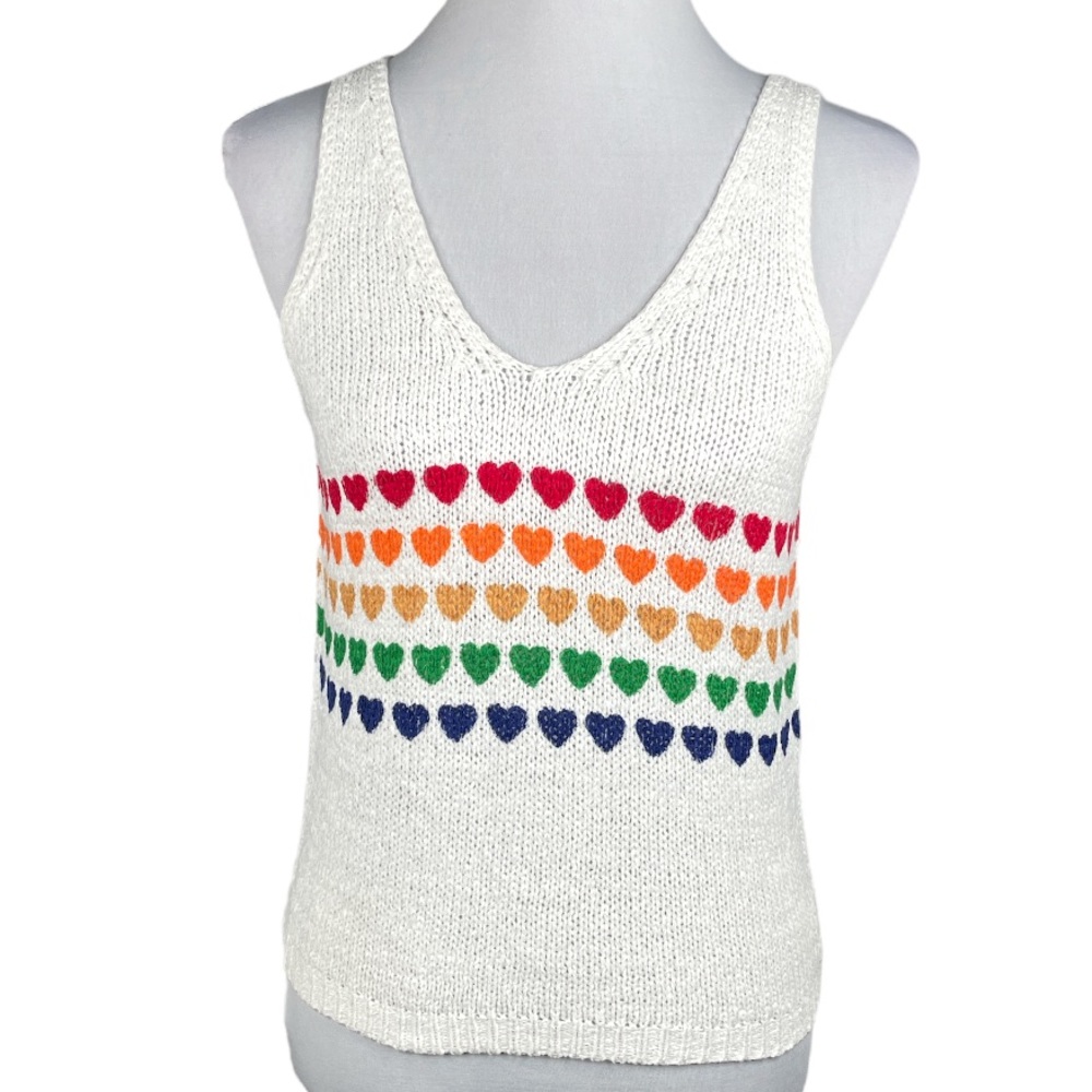 Moon & Madison Striped Hearts Sleeveless Sweater White Rainbow Size Small